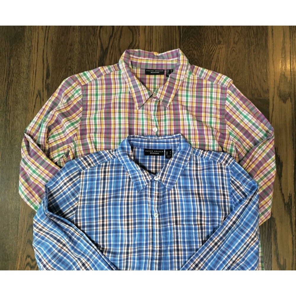 Susan Graver Weekend Plaid Button Up Shirt Women's M Set Of Two Multicolor EUC